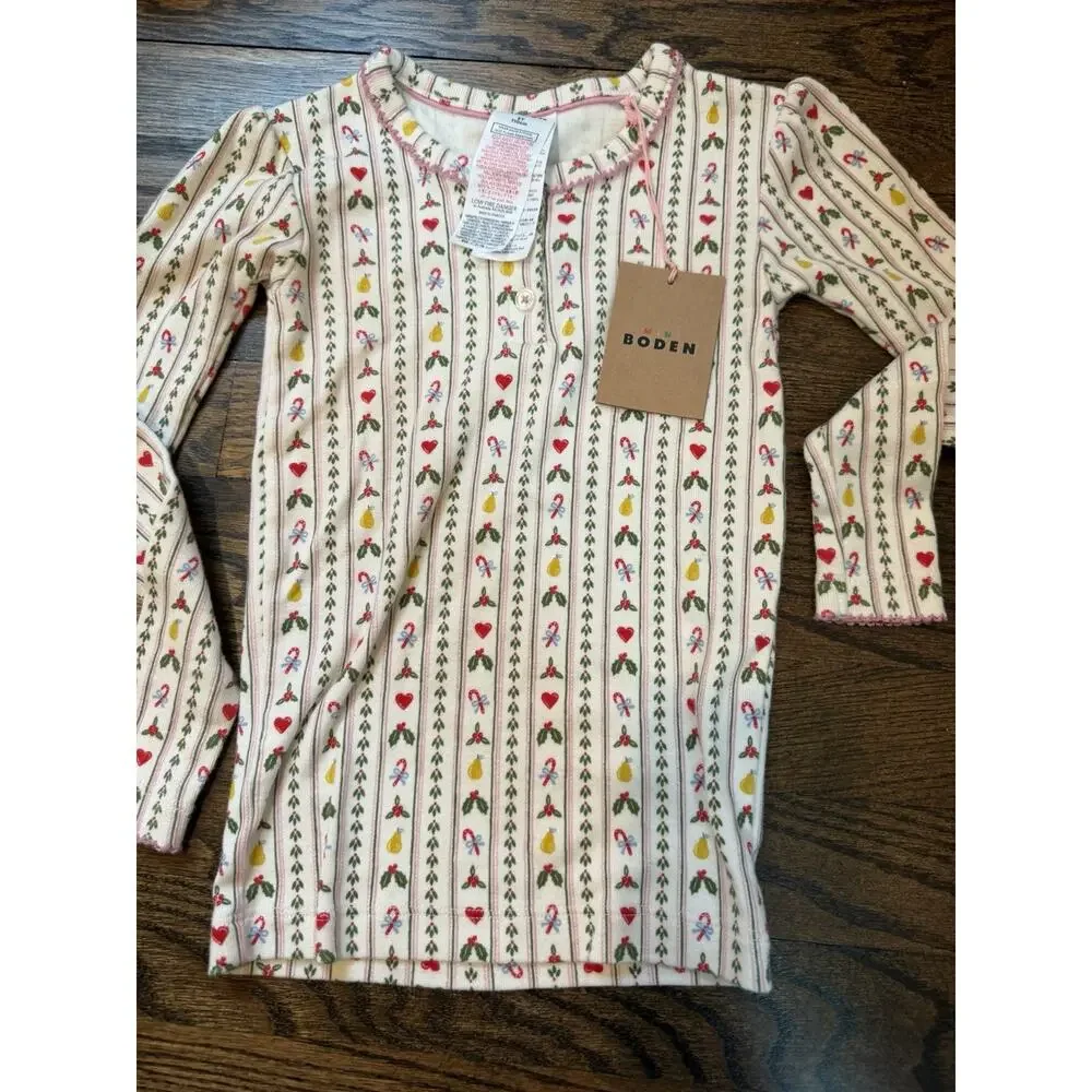 Mini Boden Girls 2 Piece He Let Pointelle Holiday Pajama Set Sz 5 NWT
